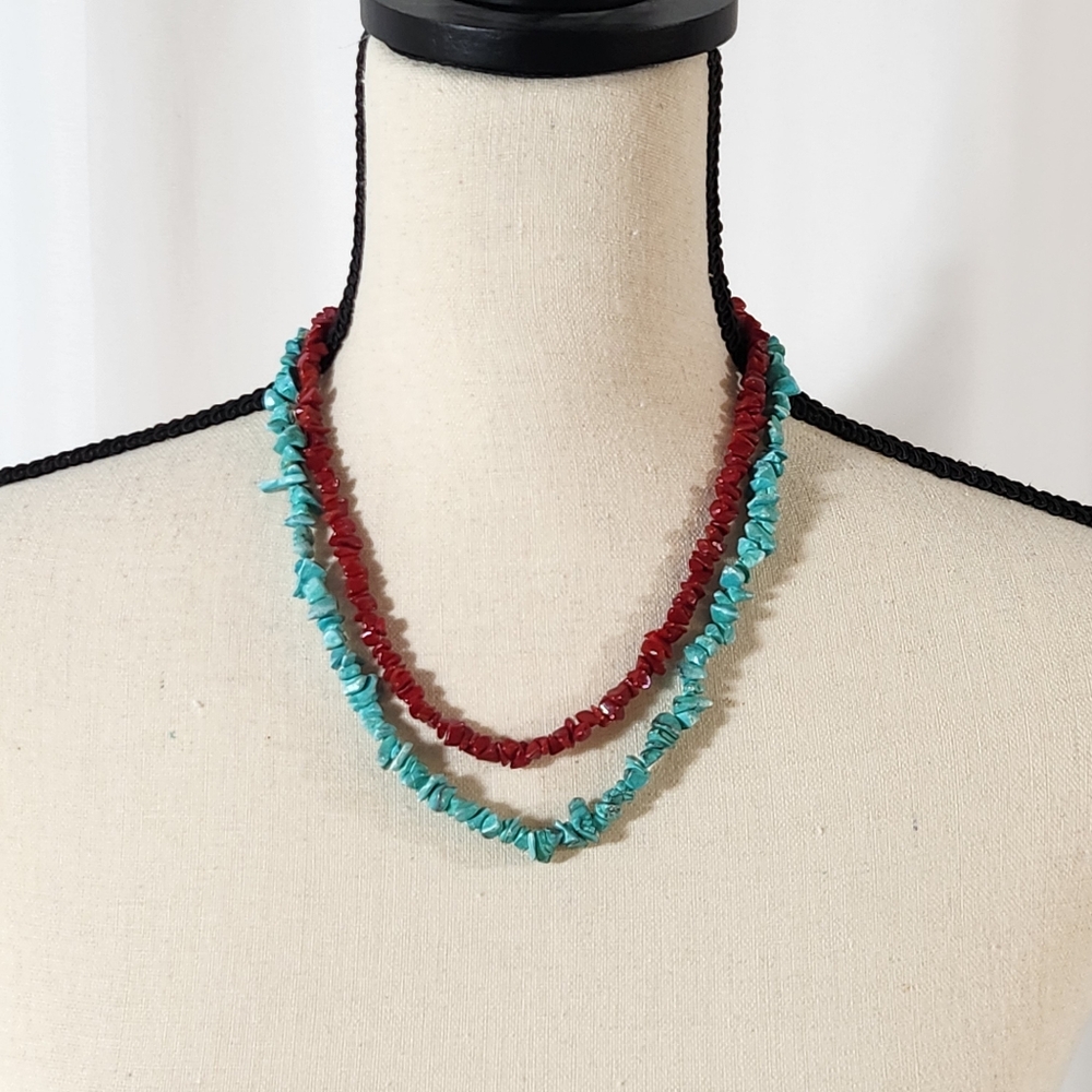 Vintage Turquoise Red Two Stand Necklace